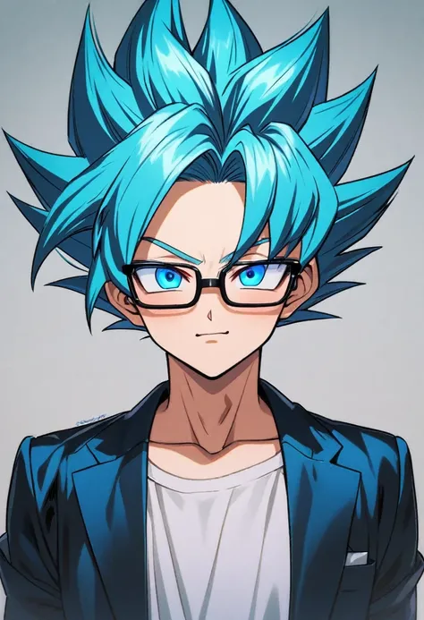 Anime, 19 year old, male, black rimmed glasses, Super Saiyan blue hair, Kioken x10,Dragonball super