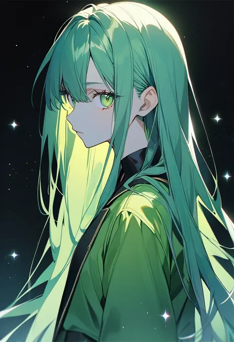 1girl, solo，light green eyeliner, black eye，green suit，Expressionless，look at viewer，from side，silver straight long hair，sparkling light green eyes