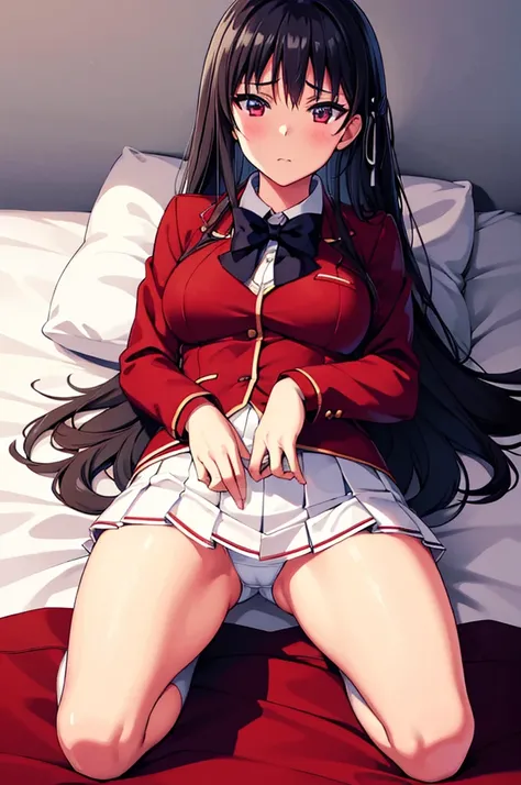 ((masterpiece)), absurdres, high resolution, ((best illustration)), ((super fine illustration)), (official art:0.7), anime keyvisual, perfect anatomy, 8k portrait, 
((1girl)),
Suzune Horikita, 
medium breasts, 
(red jacket, shirt formal, white skirt, pleat...