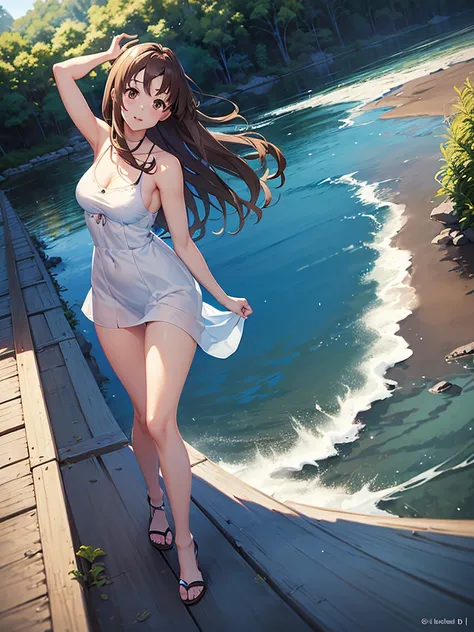 Full body view, professional anime, anime (ufotable),happy woman walking in a field with white and blue flowers, very beautiful symmetrical face, Brown eyes, medium brown hair,the sunlight shines from the front showing her wonderful figure, Dress comfortab...