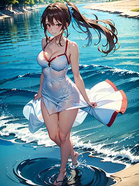 Full body view, professional anime, anime (ufotable),happy woman walking in a field with white and blue flowers, very beautiful symmetrical face, Brown eyes, medium brown hair,the sunlight shines from the front showing her wonderful figure, Dress comfortab...