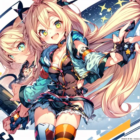 1girl、(((Highest quality、Masterpiece、Official Art、The best dynamic composition、Super detailed)))、Unity_Chan,One girl,Blonde,alone,Green Eyes,Long hair tied low,Striped knee socks,gloves,Cleavage,Jacket,fingerless gloves,star (symbol),hair band,Removable sl...