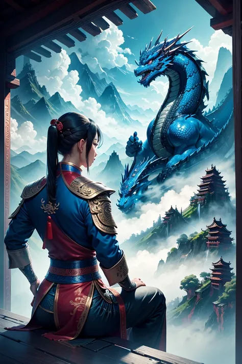 Chinese style, masterpiece, best quality, super detailed, , high contrast, a blue Chinese dragon looks down on the girl, the girl looks at the dragon, fairy mountains, clouds and mist, Chinese style