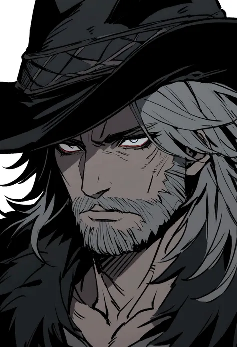 Werewolf form, front, Close-up portrait, male, beard，rogue, malevolent, hide, Dungeon, Light Armor, Black witch hunter hat