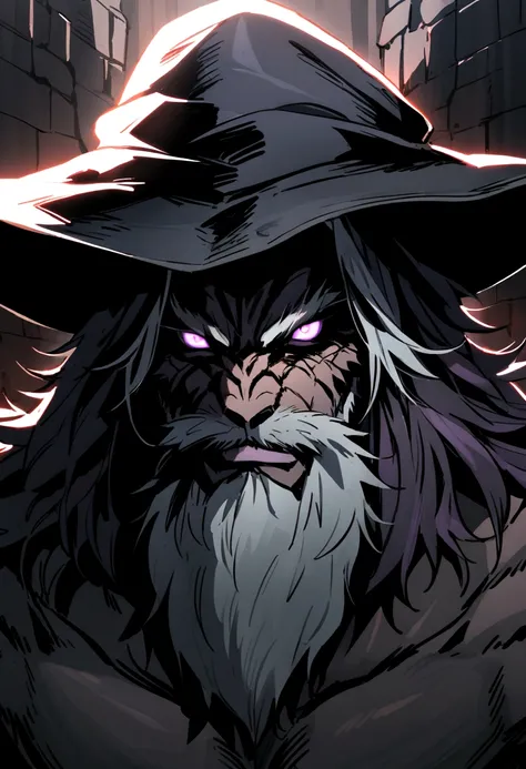 Werewolf form, front, Close-up portrait, male, beard，rogue, malevolent, hide, Dungeon, Light Armor, Black witch hunter hat