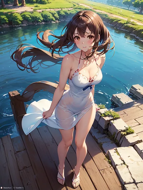 all intricate details:"(Full body view, professional anime, anime (ufotable),happy woman walking in a field with white and blue flowers, very beautiful symmetrical face, Brown eyes, medium brown hair,the sunlight shines from the front showing her wonderful...