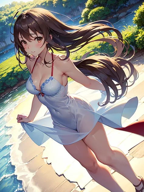 all intricate details:"(Full body view, professional anime, anime (ufotable),happy woman walking in a field with white and blue flowers, very beautiful symmetrical face, Brown eyes, medium brown hair,the sunlight shines from the front showing her wonderful...