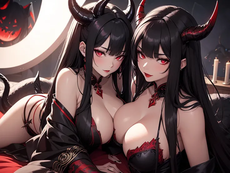 A ultra detailed, sensual portrait of two alluring succubi, dressed in black kimonos, with long dark hair, piercing red eyes with python pupils, blood-red lipstick, demonic black horns, and bronzed skin. The demonic figures are reclining on a black bed, un...