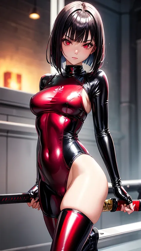 solo girl,Glossy metalic light silver tank top, tight latex shiny, Red interpolation color,Black hair bob,red eyes, camel toe, Samurai Sword,
Lift one leg, sexy lady, กางเกงใน girl,