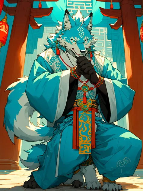 turquoise fur,turquoise eyes，In the temple，Chinese style，A cartoon image of an anthropomorphic wolf, furry,anthro wolf,priest,monk,magic