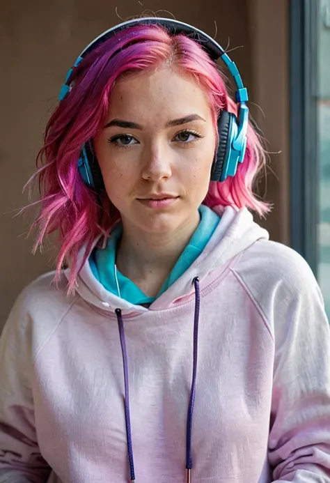 In the image, we see a young woman with vibrant pink hair wearing headphones. She has a confident expression on her face and appears to be enjoying listening to music. The headphones are over her ears, and she is wearing a white sweatshirt. The womans age ...