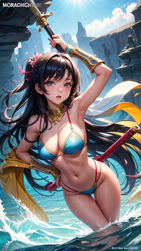 Beautiful Asian girl, 18 years old, bikini knight girls, sexy lady, medium breasts, camel toe, long sword,