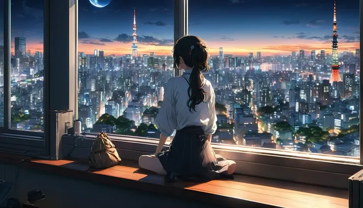 anime girl sitting on a window sill looking out at a city, 4k anime wallpaper, View of Tokyo buildings at night、. anime, anime art wallpaper 4k, anime art wallpaper 4 k, anime art wallpaper 8 k, anime wallpaper 4k, anime wallpaper 4 k, 4K Manga Wallpapers,...