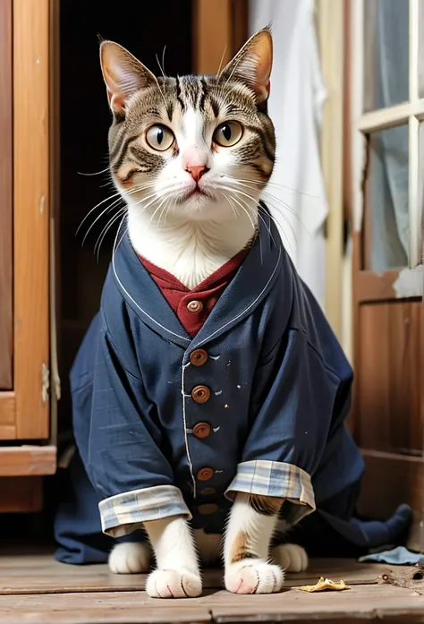 Poor cat who lives in a small and old house and the cat’s clothes are torn 