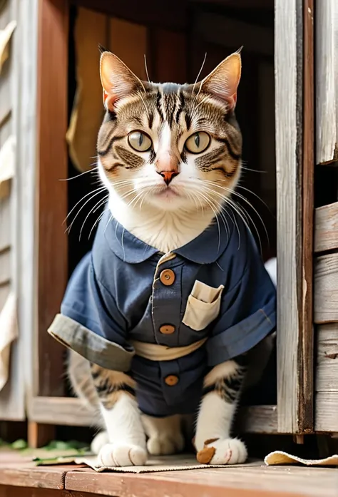 Poor cat who lives in a small and old house and the cat’s clothes are torn 