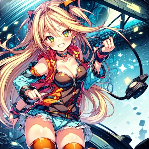 1girl、(((Highest quality、Masterpiece、Official Art、The best dynamic composition、Super detailed)))、Unity_Chan,One girl,Blonde,alone,Green Eyes,Long hair tied low,Striped knee socks,gloves,Cleavage,Jacket,fingerless gloves,star (symbol),hair band,Removable sl...