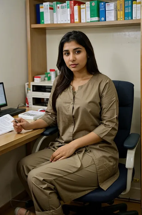 "A Pakistani lady doctor sitting at her desk and chair in her clinic, wearing Cort and pant ,looking straight at the camera with an expression of readiness to speak, professional and composed, traditional beauty, confident and serene, surrounded by medical...