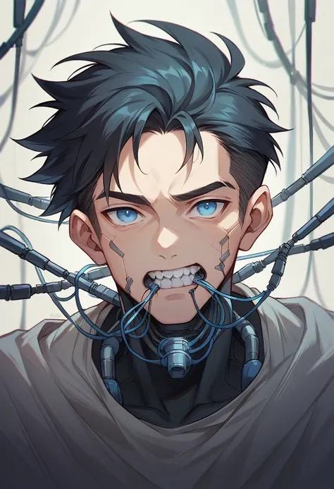 Android boy with human appearance, bright blue eyes, black hair and robotic parts in the mouth with metal teeth and wires in the face 