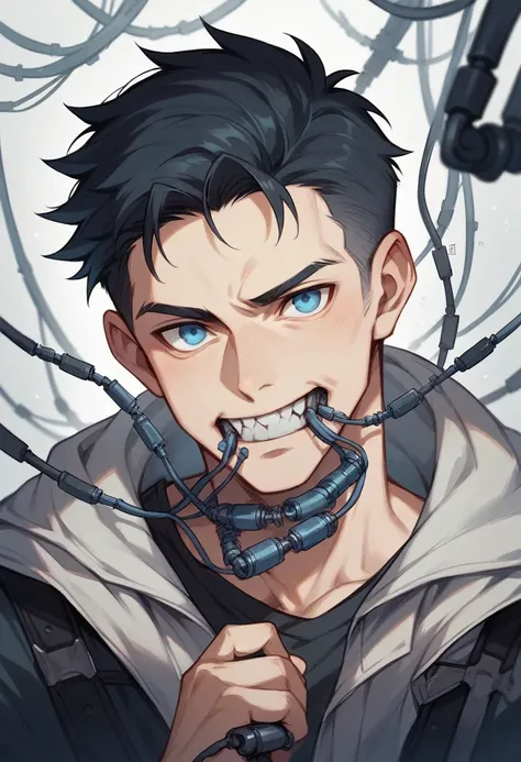 Android boy with human appearance, bright blue eyes, black hair and robotic parts in the mouth with metal teeth and wires in the face 