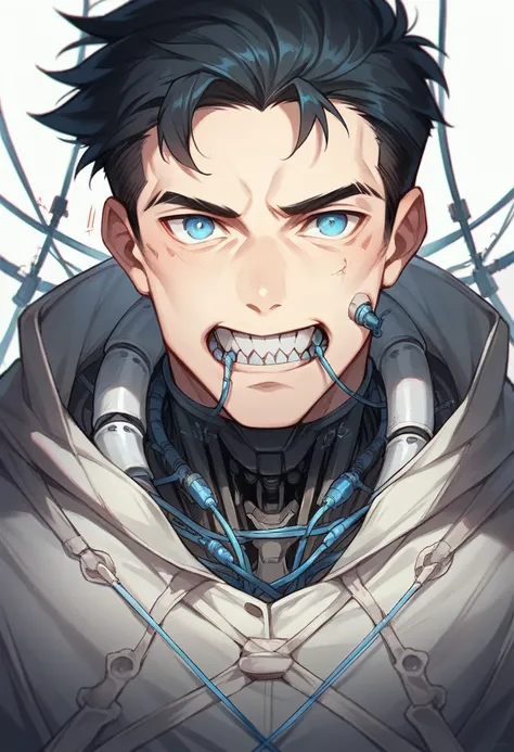 Android boy with human appearance, bright blue eyes, black hair and robotic parts in the mouth with metal teeth and wires in the face 