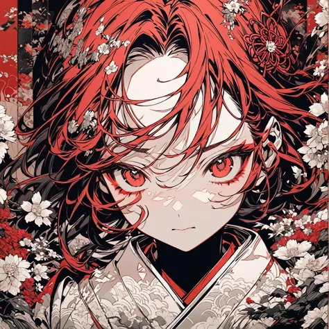 Beautiful anime portrait,Red monochrome，Oriental Wallpaper，Pink，Feeling，very anime style，Japanese Samurai，Flowers，Close-up，Soft Light，Rich in details，The expression is firm，Kimono decoration，Background blur，Vivid colors，情Feeling深沉，front