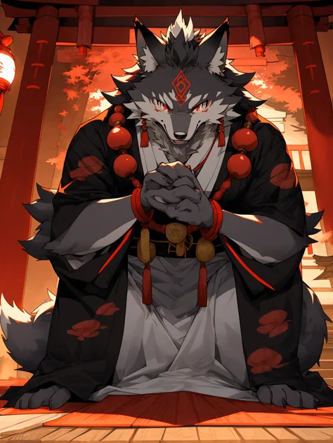 red fur,red eyes，In the shrine，Japanese style，A cartoon image of an anthropomorphic wolf, furry,anthro wolf,Yokai,magic