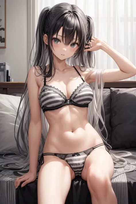 Upper body、oil、masterpiece、Highest quality、High resolution、long hair of black color、coastal、Naughty look、White and grey stripes々Bra very、White and grey stripes々panties、Bend your legs、Woman&#39;s face、Hot Face、A slightly troubled look、Sweaty skin、blue sky、P...