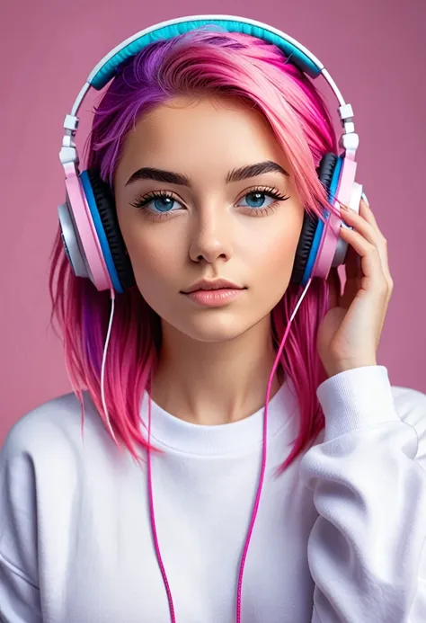 In the image, we see a young woman with vibrant pink hair wearing headphones. She has a confident expression on her face and appears to be enjoying listening to music. The headphones are over her ears, and she is wearing a white sweatshirt. The womans age ...