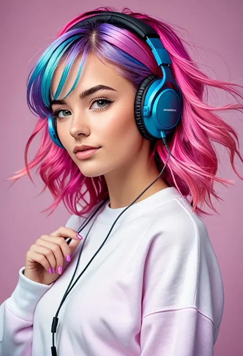 In the image, we see a young woman with vibrant pink hair wearing headphones. She has a confident expression on her face and appears to be enjoying listening to music. The headphones are over her ears, and she is wearing a white sweatshirt. The womans age ...