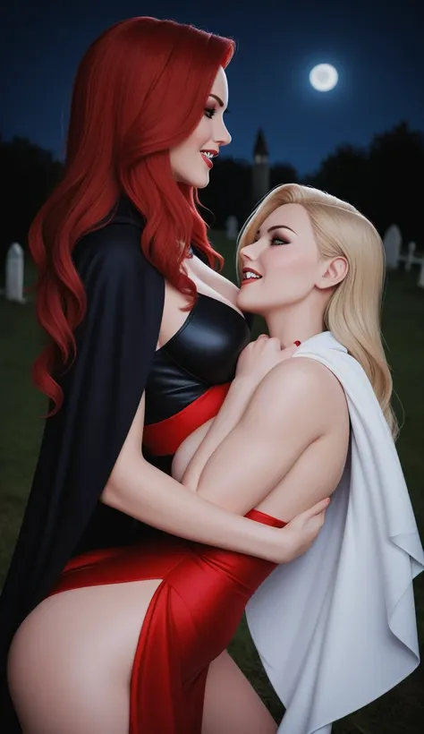 vampire teeth , ((((nighttime))) , 2girls,looking at each other in the eye, long hair , RAW photo, high quality, film grain,simple background, presenting, beautiful, (black and red lined satin cloak tied at the neck:1.20) , biting necks , breasts,big ass, ...