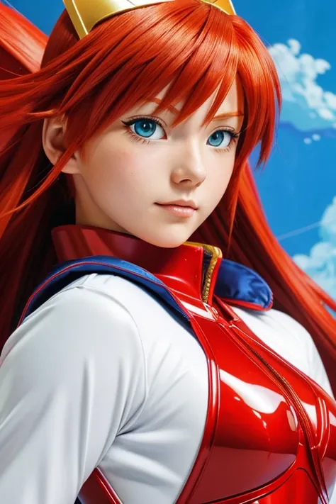 a close up of a cartoon character with a red hair, knights of zodiac girl, full body zenkai! asuka suit, gainax anime style, gainax, studio gainax art, portrait knights of zodiac girl, 90s comic book character design, asuka suit under clothes!, studio gain...