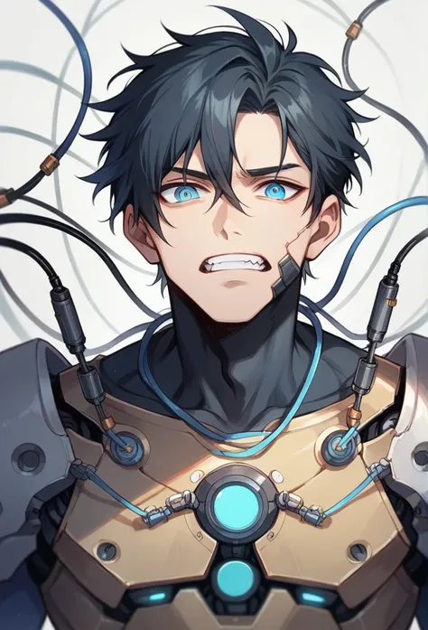 Android boy with human appearance, bright blue eyes, black hair and robotic parts innhis face and metal teeth and wires in the face 