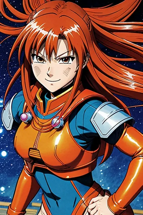 a close up of a cartoon character with a red hair, concept art by Akira Toriyama, tumblr, shin hanga, knights of zodiac girl, full body zenkai! asuka suit, gainax anime style, gainax, studio gainax art, portrait knights of zodiac girl, 90s comic book chara...