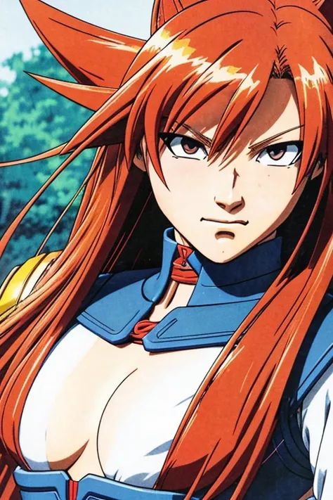 a close up of a cartoon character with a red hair, concept art by Akira Toriyama, tumblr, shin hanga, knights of zodiac girl, full body zenkai! asuka suit, gainax anime style, gainax, studio gainax art, portrait knights of zodiac girl, 90s comic book chara...