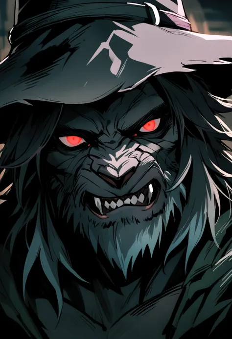 Werewolf form, front, Close-up portrait, male, beard，rogue, malevolent, hide, Dungeon, Light Armor, Black witch hunter hat