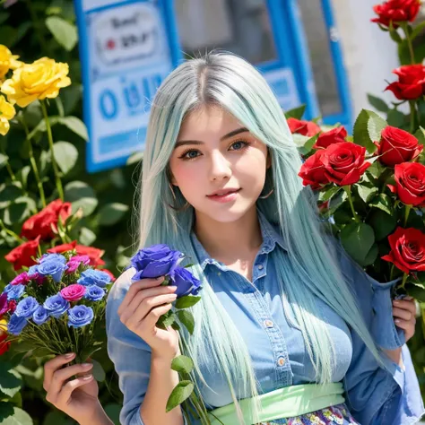 Young 18-year-old güerita.years old blue leaves blonde hair dressed in flowers selling gerbera flowers and roses in Central de Abastos Villa Guerrero State of Mexico