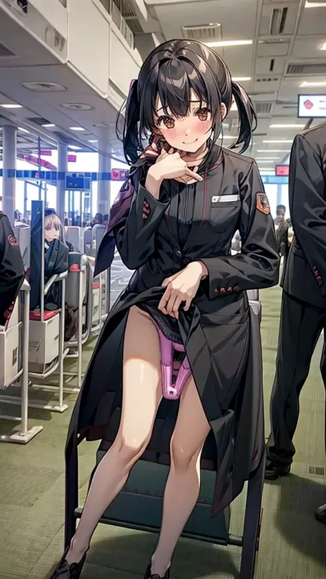 dildo_Under_Cloth,Fullbody,panty drop,A photo of an airport staff member wearing a uniform, standing in a modern airport terminal, with a professional and friendly demeanor.