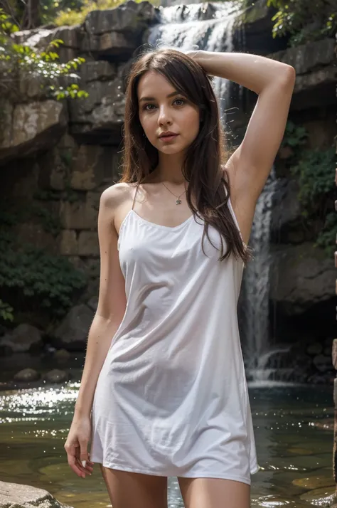 1girl in, 30 years old, Square face, Long hair, Looking at viewer, jewelry, Reality, Sexy, Nightgown colorful outfit, Waterfall backdrop , free pose