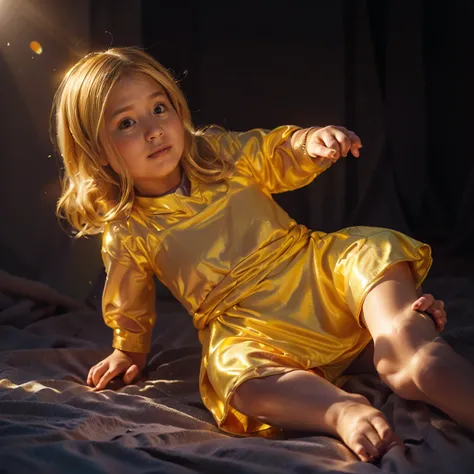 The image shows a 3D animated character, a baby girl with blonde hair, wearing a yellow dress and a red skirt, sitting on the floor, smooth 3d model, glossy plastic texture, multiple light sources, rim light, sharp post effects render, most beautiful vfx, ...