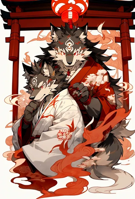 red fur,red eyes，In the shrine，Japanese style，A cartoon image of an anthropomorphic wolf, furry,anthro wolf,Yokai,magic,okami,kamisama