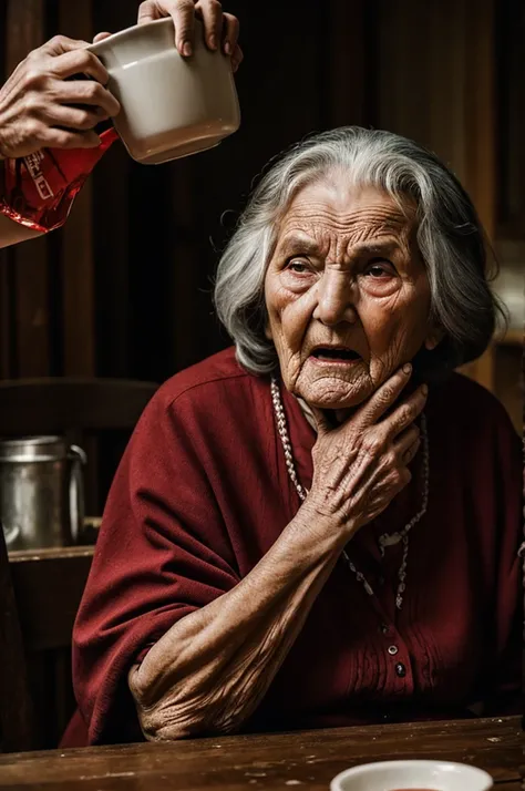 The old grandmother is afraid of drinking blood.