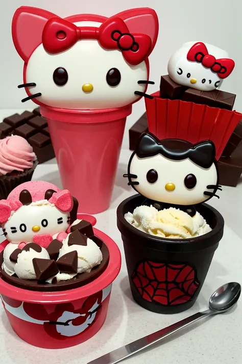 Hello Kitty from Sanrio eating chocolate ice cream and Spider-man eating chocolate ice cream 