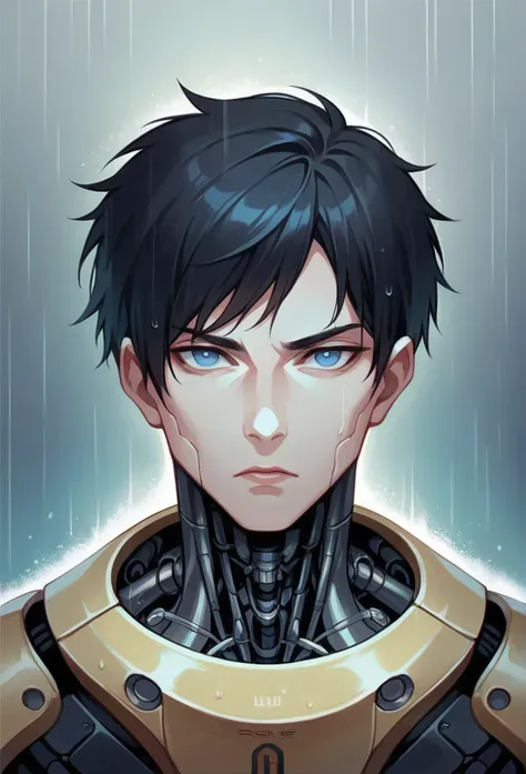 Cyborg with robotic parts in his face, human apariencia and a lot of metal in his neck, with a neutral and dark expresion, black hair, blue eyes, delicade facciones and with out lips just robotic teeths,  boy and more dark aura like in a raining day