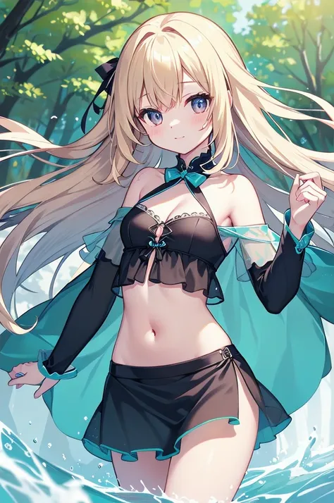 (masterpiece)、(Highest quality)、(Super Detail)、(Best Anatomy)、Light Hair,Angel of Color , See-through dress, Small breasts, Cleavage, Off the shoulder, Underbust, Thighs, Belly button,、Floating above a forest spring