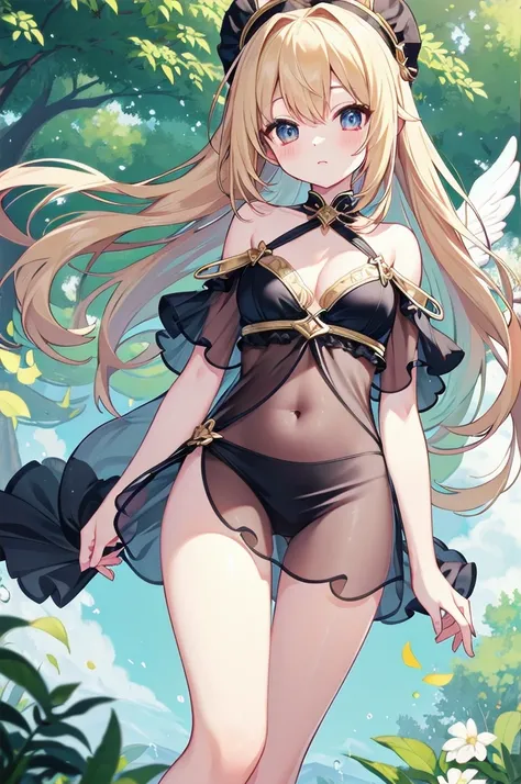 (masterpiece)、(Highest quality)、(Super Detail)、(Best Anatomy)、Light Hair,Angel of Color , See-through dress, Small breasts, Cleavage, Off the shoulder, Underbust, Thighs, Belly button,、Floating above a forest spring