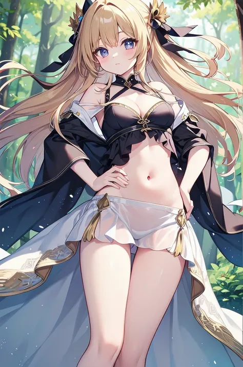 (masterpiece)、(Highest quality)、(Super Detail)、(Best Anatomy)、Light Hair,Angel of Color , See-through dress, Small breasts, Cleavage, Off the shoulder, Underbust, Thighs, Belly button,、Floating above a forest spring