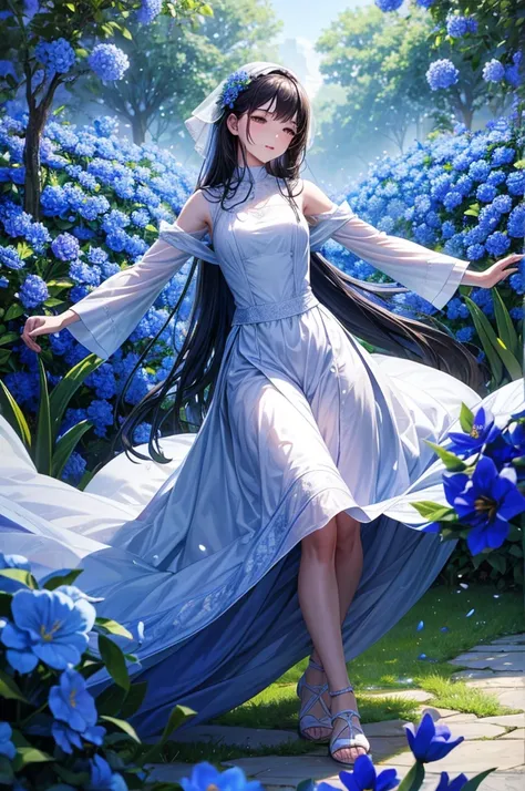 in the fragrant garden, Blind woman standing with arms outstretched, gently caressing the petals of the flowers she encounters, Connect with nature and sweet blue flowers.