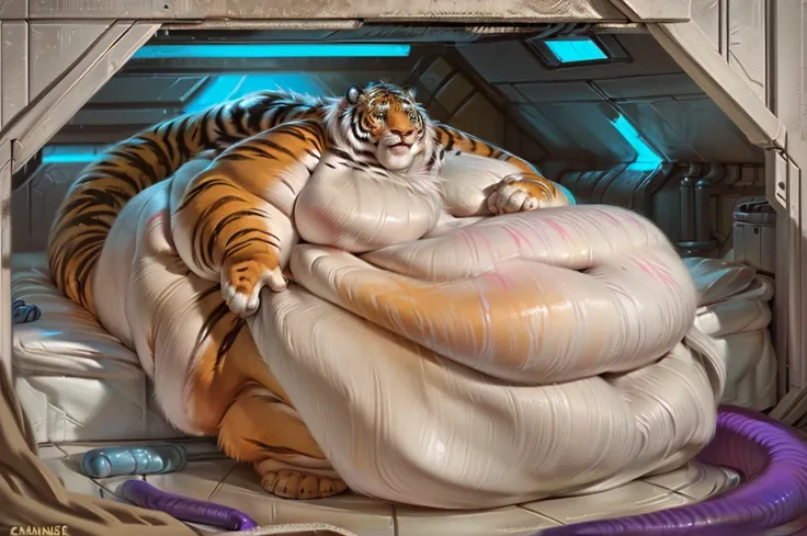 ( masterpiece, best quality, a morbidly obese anthro tiger boy sitting on the floor in a large test chamber, test chamber, ((impossibly obese, blob, immobile,)), fat obese, tiger, tail,flat chest, masculine chest, huge belly, wide hips, (fatfur), hyper fat...