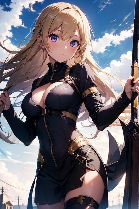 Dark Paladin,beautiful breasts,holding shield,spear,Hair Color is gold,hair style is sideponytali, high Quality,best quality