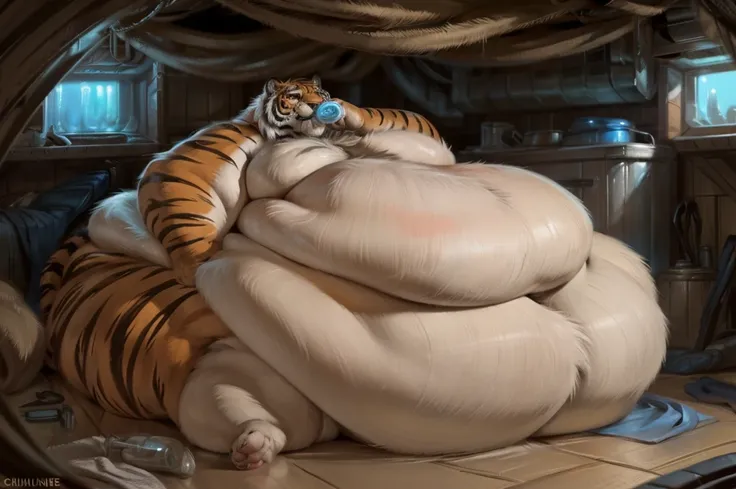 ( masterpiece, best quality, a morbidly obese anthro tiger boy sitting on the floor in a large test chamber, test chamber, ((impossibly obese, blob, immobile,)), fat obese, tiger, tail,flat chest, masculine chest, huge belly, wide hips, (fatfur), hyper fat...